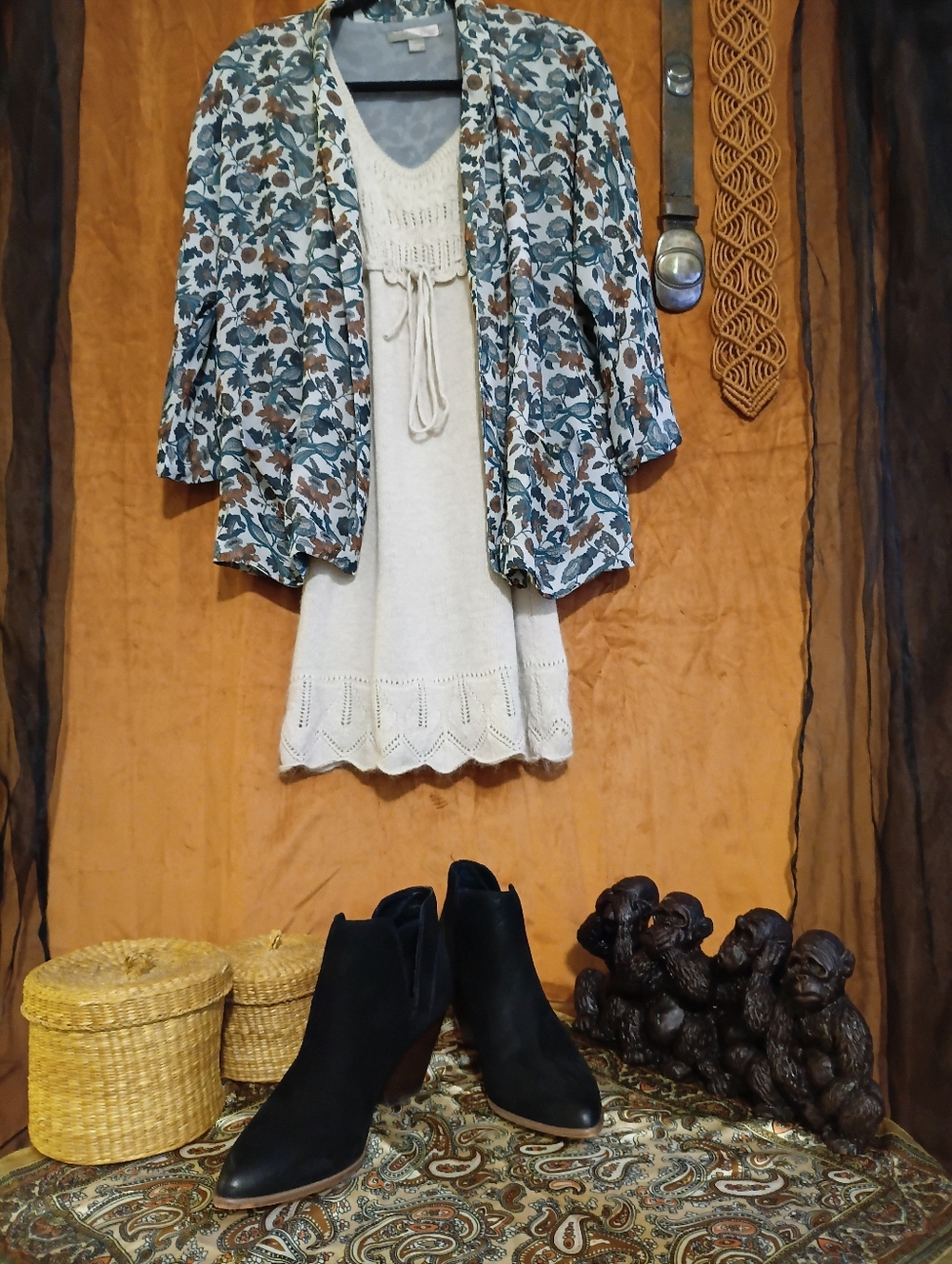Love 21 Floral Open-Front Blazer With Teal And Burnt Orange Pattern